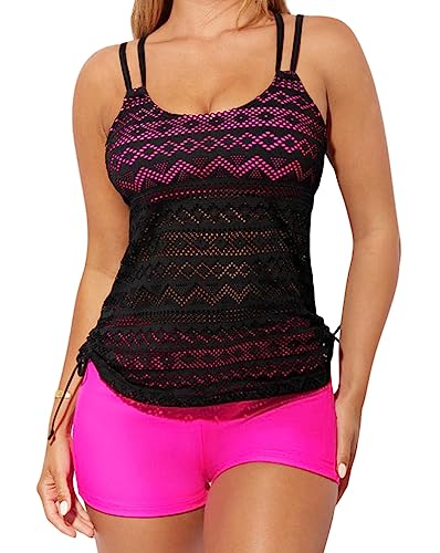 Minetom Tankini Set Damen Bauchweg Bademode Zweiteilig Badeanzug Push Up Spitze Strand Schwimmanzug Swimsuits Bikini Tank Top Shorts Oberteile und Badeshorts A Rose M von Minetom