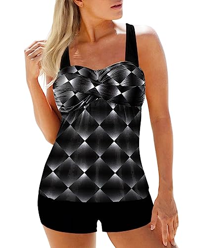 Minetom Tankini Set Damen Bauchweg Bademode Zweiteilig Badeanzug Push Up Spitze Strand Schwimmanzug Swimsuits Bikini Tank Top Shorts Oberteile und Badeshorts C Schwarz L von Minetom