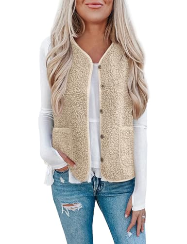 Minetom Teddy Fleece Weste Damen Herbst Winter Warm Ärmellos Plüsch Jacke Leicht Casual Einfarbig Damenweste Herbstmantel Knöpfen Thermoweste A Beige L von Minetom