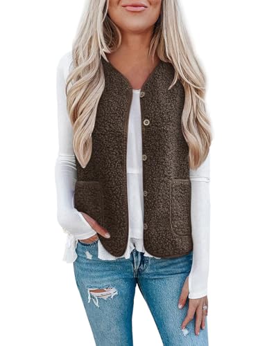 Minetom Teddy Fleece Weste Damen Herbst Winter Warm Ärmellos Plüsch Jacke Leicht Casual Einfarbig Damenweste Herbstmantel Knöpfen Thermoweste A Braun XL von Minetom