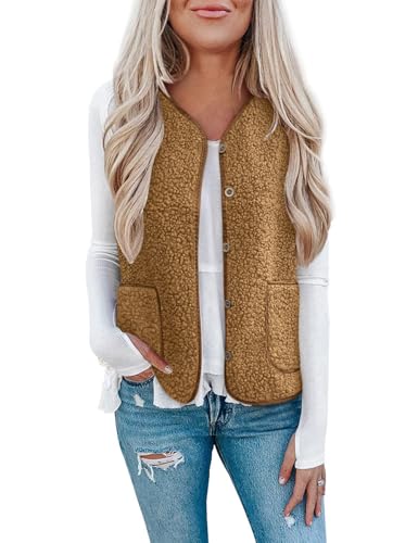 Minetom Teddy Fleece Weste Damen Herbst Winter Warm Ärmellos Plüsch Jacke Leicht Casual Einfarbig Damenweste Herbstmantel Knöpfen Thermoweste A Gelb L von Minetom