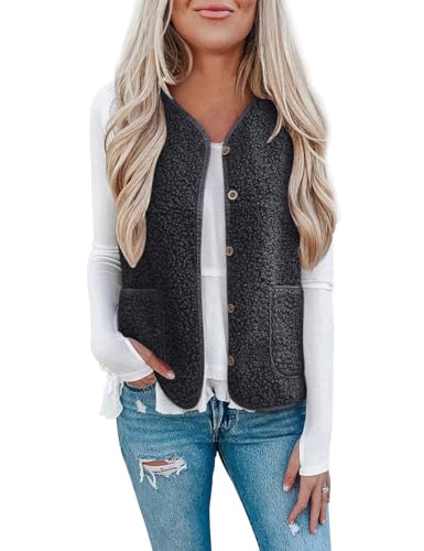 Minetom Teddy Fleece Weste Damen Herbst Winter Warm Ärmellos Plüsch Jacke Leicht Casual Einfarbig Damenweste Herbstmantel Knöpfen Thermoweste A Schwarz L von Minetom