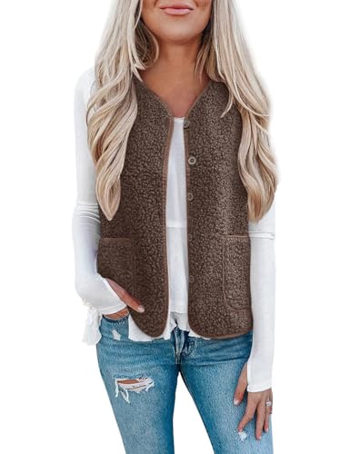 Minetom Teddy Fleece Weste Damen Herbst Winter Warm Ärmellos Plüsch Jacke Leicht Casual Einfarbig Damenweste Herbstmantel Knöpfen Thermoweste B Braun M von Minetom