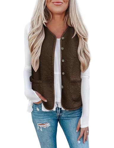 Minetom Teddy Fleece Weste Damen Herbst Winter Warm Ärmellos Plüsch Jacke Leicht Casual Einfarbig Damenweste Herbstmantel Knöpfen Thermoweste C Braun M von Minetom