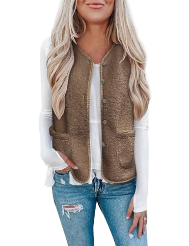 Minetom Teddy Fleece Weste Damen Herbst Winter Warm Ärmellos Plüsch Jacke Leicht Casual Einfarbig Damenweste Herbstmantel Knöpfen Thermoweste C Khaki XL von Minetom