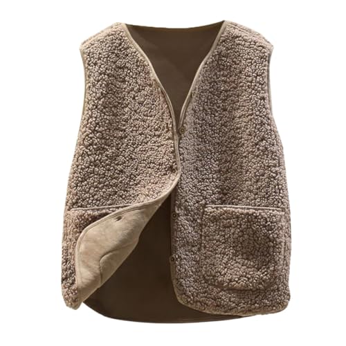 Minetom Teddy Fleece Weste Damen Herbst Winter Warm Ärmellos Westen Bequem Einfarbig Plüsch Weste Kurz Jacke Lose Fleeceweste Plüschweste Outwear A Khaki XS von Minetom