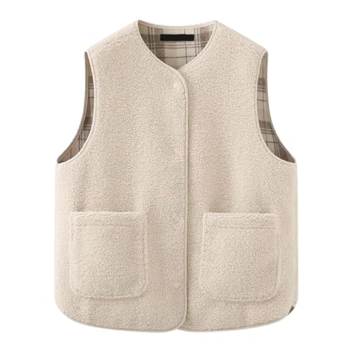 Minetom Teddy Fleece Weste Damen Herbst Winter Warm Ärmellos Westen Bequem Einfarbig Plüsch Weste Kurz Jacke Lose Fleeceweste Plüschweste Outwear E Beige XS von Minetom