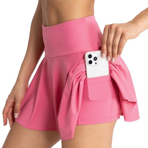 Minetom Tennisrock Rock Mit Hose Drunter Hosenrock Damen Sportrock Minirock Faltenrock Sport Golf Röcke Skirt Golfrock Mit Taschen A Rosa Rot XS von Minetom