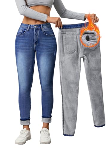 Minetom Thermo Jeans Damen Winter Fleece Gefütterte Jeans Slim Fit Warm Skinny High Waist Denim Thermojeans Mit Innenfleece Thermohose A Dunkelblau M von Minetom