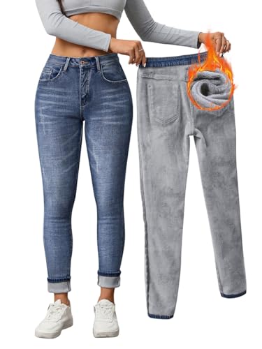 Minetom Thermo Jeans Damen Winter Fleece Gefütterte Jeans Slim Fit Warm Skinny High Waist Denim Thermojeans Mit Innenfleece Thermohose B1 Blau XL von Minetom