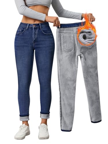 Minetom Thermo Jeans Damen Winter Fleece Gefütterte Jeans Slim Fit Warm Skinny High Waist Denim Thermojeans Mit Innenfleece Thermohose B1 Dunkelblau XL von Minetom