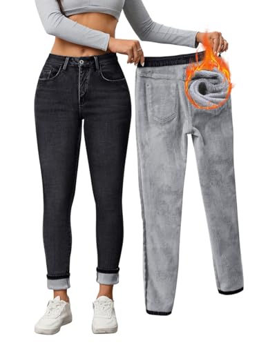 Minetom Thermo Jeans Damen Winter Fleece Gefütterte Jeans Slim Fit Warm Skinny High Waist Denim Thermojeans Mit Innenfleece Thermohose B1 Schwarz XS von Minetom