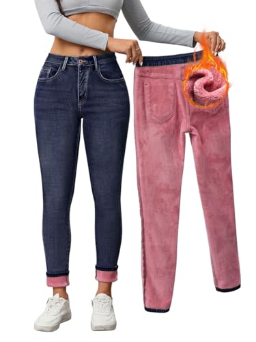 Minetom Thermo Jeans Damen Winter Fleece Gefütterte Jeans Slim Fit Warm Skinny High Waist Denim Thermojeans Mit Innenfleece Thermohose B2 Blau S von Minetom