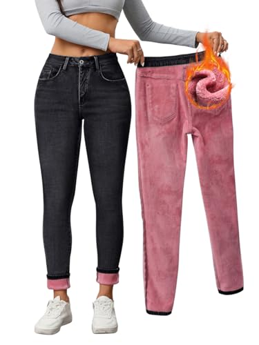 Minetom Thermo Jeans Damen Winter Fleece Gefütterte Jeans Slim Fit Warm Skinny High Waist Denim Thermojeans Mit Innenfleece Thermohose B2 Schwarz L von Minetom