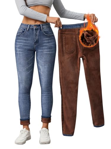 Minetom Thermo Jeans Damen Winter Fleece Gefütterte Jeans Slim Fit Warm Skinny High Waist Denim Thermojeans Mit Innenfleece Thermohose B3 Blau XL von Minetom