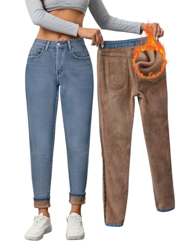 Minetom Thermo Jeans Damen Winter Fleece Gefütterte Jeans Slim Fit Warm Skinny High Waist Denim Thermojeans Mit Innenfleece Thermohose C Blau L von Minetom
