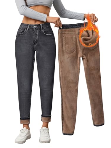 Minetom Thermo Jeans Damen Winter Fleece Gefütterte Jeans Slim Fit Warm Skinny High Waist Denim Thermojeans Mit Innenfleece Thermohose C Schwarz L von Minetom