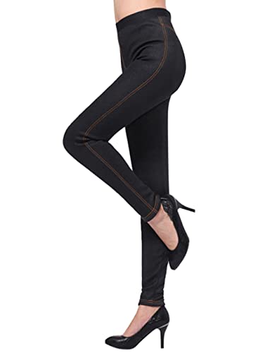 Minetom Thermo Leggings Damen Jeansoptik Hose mit Innenfutter Warm Fleece High Waist Jeggings Slim Fit Gefüttert Winterhose A Schwarz XL von Minetom