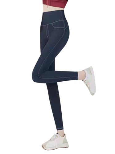 Minetom Thermo Leggings Damen Jeansoptik Hose mit Innenfutter Warm Fleece High Waist Jeggings Slim Fit Gefüttert Winterhose D Blau L von Minetom