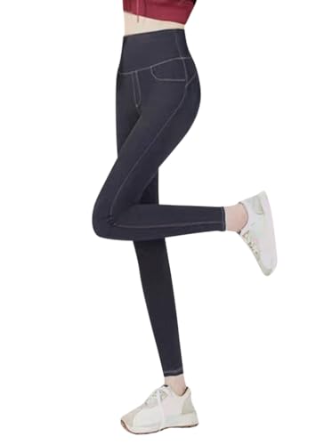 Minetom Thermo Leggings Damen Jeansoptik Hose mit Innenfutter Warm Fleece High Waist Jeggings Slim Fit Gefüttert Winterhose D Grau S von Minetom