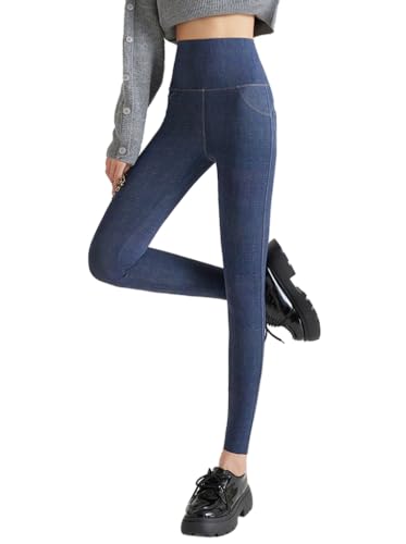 Minetom Thermo Leggings Damen Jeansoptik Hose mit Innenfutter Warm Fleece High Waist Jeggings Slim Fit Gefüttert Winterhose F Blau L von Minetom