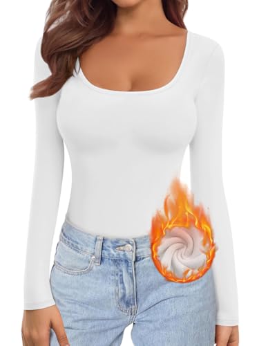 Minetom Thermo Unterhemd Damen U-Ausschnitt Thermoshirt Langarm Thermounterwäsche Oberteil Warme Unterwäsche Winter Thermal Base Mit Innenfleece A Weiß XXL von Minetom