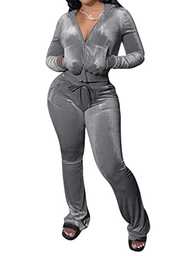 Minetom Trainingsanzug Damen Hausanzug Set Jogginganzug Samt Sportanzug Freizeitanzug 2 Teilig Kapuzenjacke Langarm Mantel Reißverschluss Lange Sporthose A Grau M von Minetom