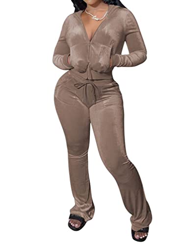 Minetom Trainingsanzug Damen Hausanzug Set Jogginganzug Samt Sportanzug Freizeitanzug 2 Teilig Kapuzenjacke Langarm Mantel Reißverschluss Lange Sporthose A Khaki XS von Minetom