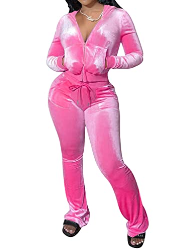 Minetom Trainingsanzug Damen Hausanzug Set Jogginganzug Samt Sportanzug Freizeitanzug 2 Teilig Kapuzenjacke Langarm Mantel Reißverschluss Lange Sporthose A Rosa S von Minetom