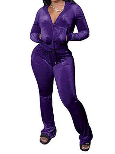 Minetom Trainingsanzug Damen Hausanzug Set Jogginganzug Samt Sportanzug Freizeitanzug 2 Teilig Kapuzenjacke Langarm Mantel Reißverschluss Lange Sporthose A Violett XXL von Minetom