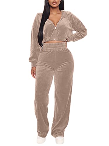 Minetom Trainingsanzug Damen Hausanzug Set Jogginganzug Samt Sportanzug Freizeitanzug 2 Teilig Kapuzenjacke Mantel Langarm Reißverschluss Sporthose Velours Hose Z1 Khaki 38 von Minetom