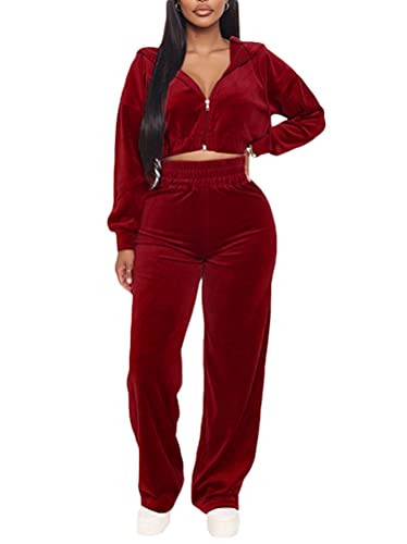 Minetom Trainingsanzug Damen Hausanzug Set Jogginganzug Samt Sportanzug Freizeitanzug 2 Teilig Kapuzenjacke Mantel Langarm Reißverschluss Sporthose Velours Hose Z1 Rot 38 von Minetom