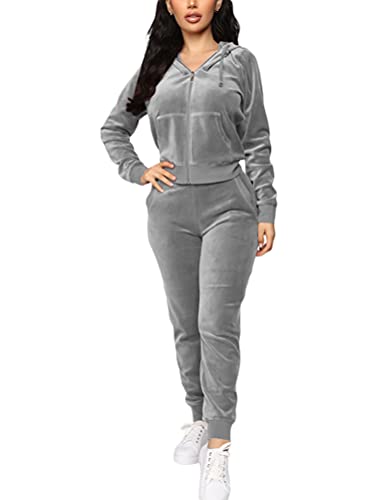 Minetom Trainingsanzug Damen Hausanzug Set Jogginganzug Samt Sportanzug Freizeitanzug 2 Teilig Kapuzenjacke Mantel Langarm Reißverschluss Sporthose Velours Hose Z2 Grau 40 von Minetom