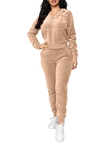 Minetom Trainingsanzug Damen Hausanzug Set Jogginganzug Samt Sportanzug Freizeitanzug 2 Teilig Kapuzenjacke Mantel Langarm Reißverschluss Sporthose Velours Hose Z2 Khaki 40 von Minetom