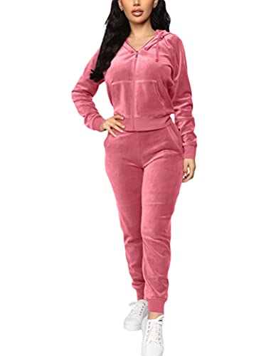 Minetom Trainingsanzug Damen Hausanzug Set Jogginganzug Samt Sportanzug Freizeitanzug 2 Teilig Kapuzenjacke Mantel Langarm Reißverschluss Sporthose Velours Hose Z2 Rosa 44 von Minetom