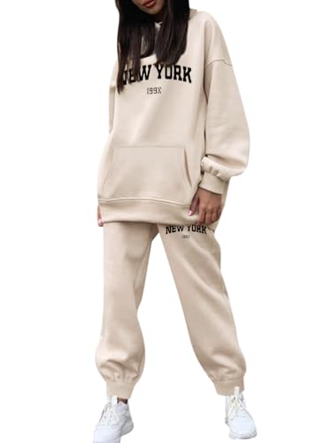 Minetom Trainingsanzug Damen Herbst Winter Kapuzenpullover Sweatshirt Hoodie Zweiteiler Jogginganzug Sportanzug Freizeitanzug Briefdruck 2 Stück Oberteile und Hose Set C Beige 3XL von Minetom