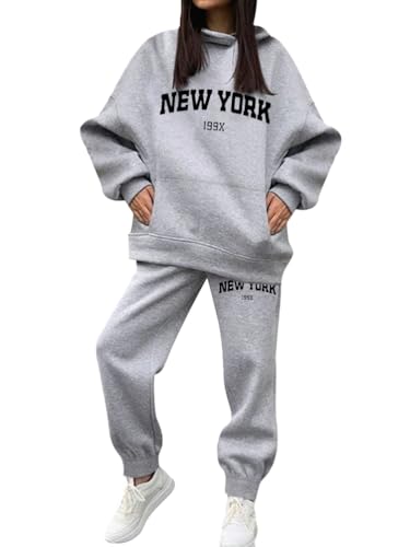 Minetom Trainingsanzug Damen Herbst Winter Kapuzenpullover Sweatshirt Hoodie Zweiteiler Jogginganzug Sportanzug Freizeitanzug Briefdruck 2 Stück Oberteile und Hose Set C Grau XL von Minetom