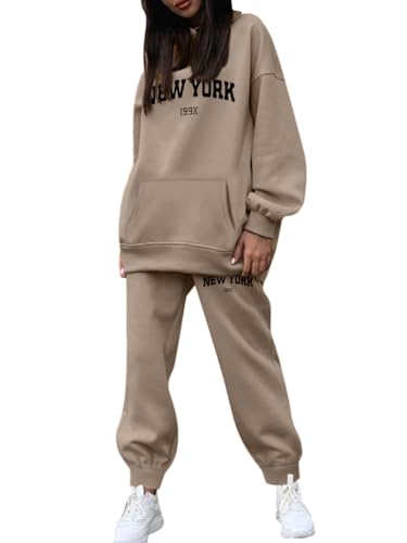Minetom Trainingsanzug Damen Herbst Winter Kapuzenpullover Sweatshirt Hoodie Zweiteiler Jogginganzug Sportanzug Freizeitanzug Briefdruck 2 Stück Oberteile und Hose Set C Khaki XXL von Minetom