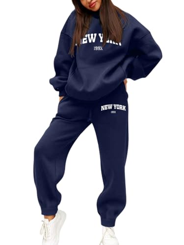 Minetom Trainingsanzug Damen Herbst Winter Kapuzenpullover Sweatshirt Hoodie Zweiteiler Jogginganzug Sportanzug Freizeitanzug Briefdruck 2 Stück Oberteile und Hose Set C Marine L von Minetom