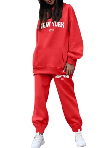 Minetom Trainingsanzug Damen Herbst Winter Kapuzenpullover Sweatshirt Hoodie Zweiteiler Jogginganzug Sportanzug Freizeitanzug Briefdruck 2 Stück Oberteile und Hose Set C Rot L von Minetom