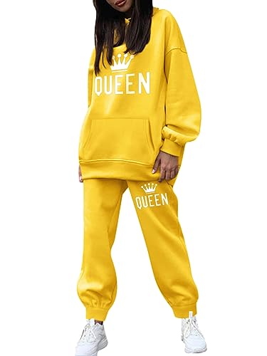 Minetom Trainingsanzug Damen Herbst Winter Warm Fleece Kapuzenpullover Sweatshirt Hoodie Zweiteiler Jogginganzug Sportanzug Freizeitanzug Briefdruck 2 Stück Oberteile und Hose Set A Gelb XL von Minetom