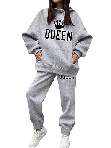 Minetom Trainingsanzug Damen Herbst Winter Warm Fleece Kapuzenpullover Sweatshirt Hoodie Zweiteiler Jogginganzug Sportanzug Freizeitanzug Briefdruck 2 Stück Oberteile und Hose Set A Grau M von Minetom