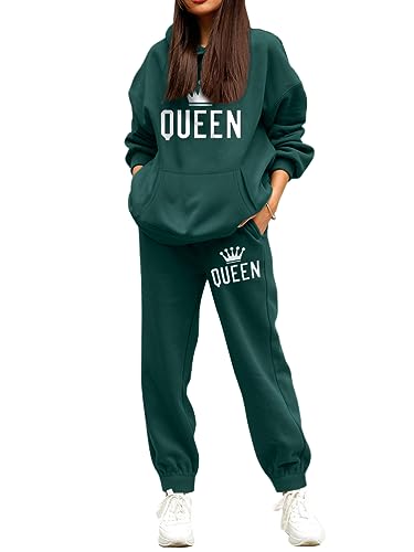 Minetom Trainingsanzug Damen Herbst Winter Warm Fleece Kapuzenpullover Sweatshirt Hoodie Zweiteiler Jogginganzug Sportanzug Freizeitanzug Briefdruck 2 Stück Oberteile und Hose Set A Grün M von Minetom
