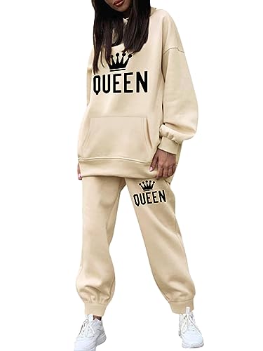 Minetom Trainingsanzug Damen Herbst Winter Warm Fleece Kapuzenpullover Sweatshirt Hoodie Zweiteiler Jogginganzug Sportanzug Freizeitanzug Briefdruck 2 Stück Oberteile und Hose Set A Khaki XL von Minetom