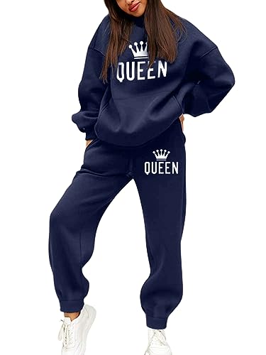 Minetom Trainingsanzug Damen Herbst Winter Warm Fleece Kapuzenpullover Sweatshirt Hoodie Zweiteiler Jogginganzug Sportanzug Freizeitanzug Briefdruck 2 Stück Oberteile und Hose Set A Marine L von Minetom