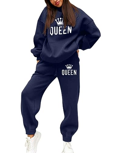 Minetom Trainingsanzug Damen Herbst Winter Warm Fleece Kapuzenpullover Sweatshirt Hoodie Zweiteiler Jogginganzug Sportanzug Freizeitanzug Briefdruck 2 Stück Oberteile und Hose Set A Marine XXL von Minetom