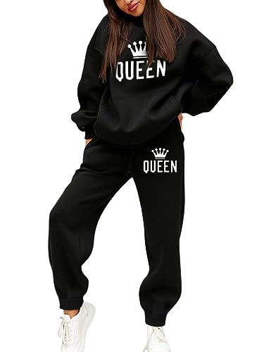 Minetom Trainingsanzug Damen Herbst Winter Warm Fleece Kapuzenpullover Sweatshirt Hoodie Zweiteiler Jogginganzug Sportanzug Freizeitanzug Briefdruck 2 Stück Oberteile und Hose Set A Schwarz M von Minetom