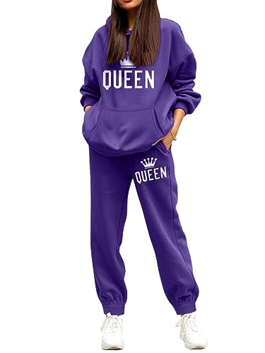 Minetom Trainingsanzug Damen Herbst Winter Warm Fleece Kapuzenpullover Sweatshirt Hoodie Zweiteiler Jogginganzug Sportanzug Freizeitanzug Briefdruck 2 Stück Oberteile und Hose Set A Violett L von Minetom