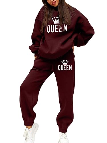 Minetom Trainingsanzug Damen Herbst Winter Warm Fleece Kapuzenpullover Sweatshirt Hoodie Zweiteiler Jogginganzug Sportanzug Freizeitanzug Briefdruck 2 Stück Oberteile und Hose Set A Weinrot L von Minetom