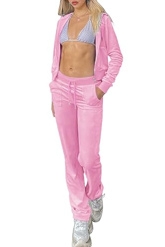 Minetom Trainingsanzug Damen Samt Sportanzug Jogginganzug Freizeitanzug Zweiteiler Set Kapuzenjacke Kapuzenpullover Reißverschluss Jacke Mantel Velours Hose 2 Stück Rosa L von Minetom